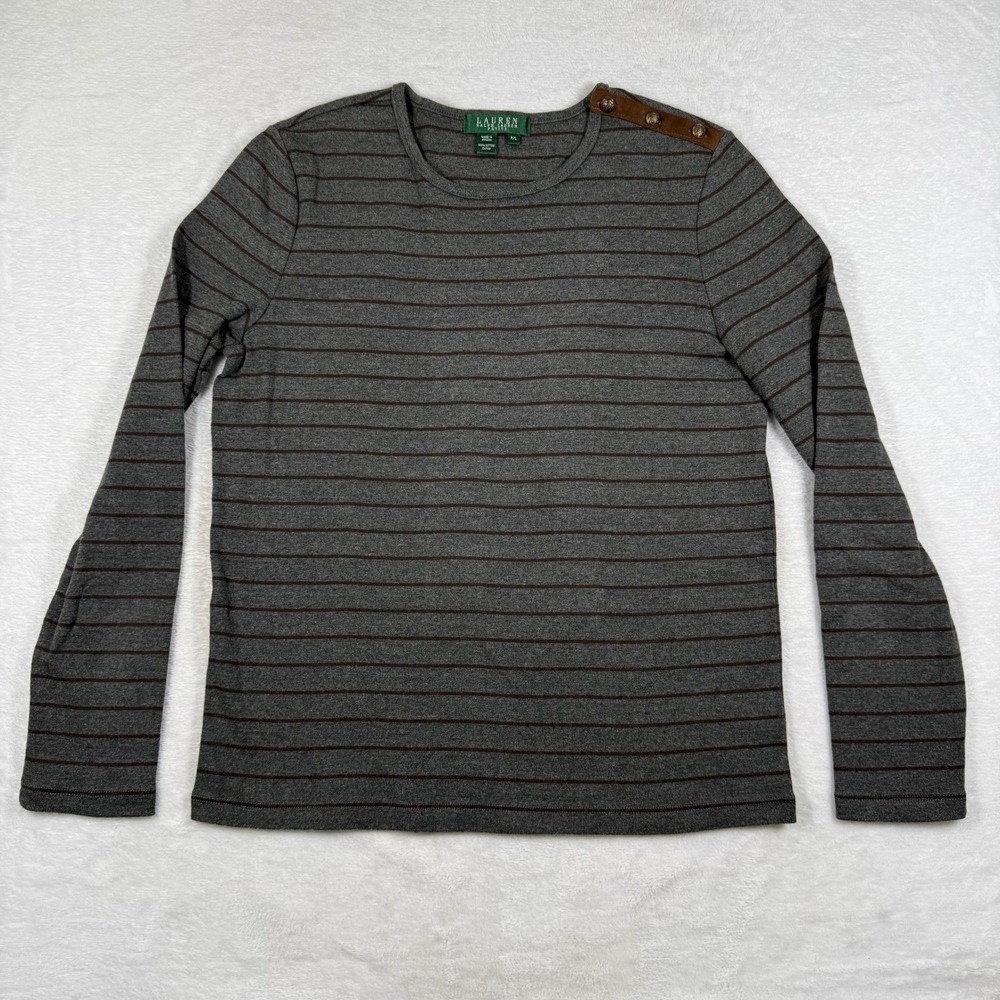 Laurenā Ralph Lauren Petite Gray Striped Button Shoulder Long Sleeve Top PL